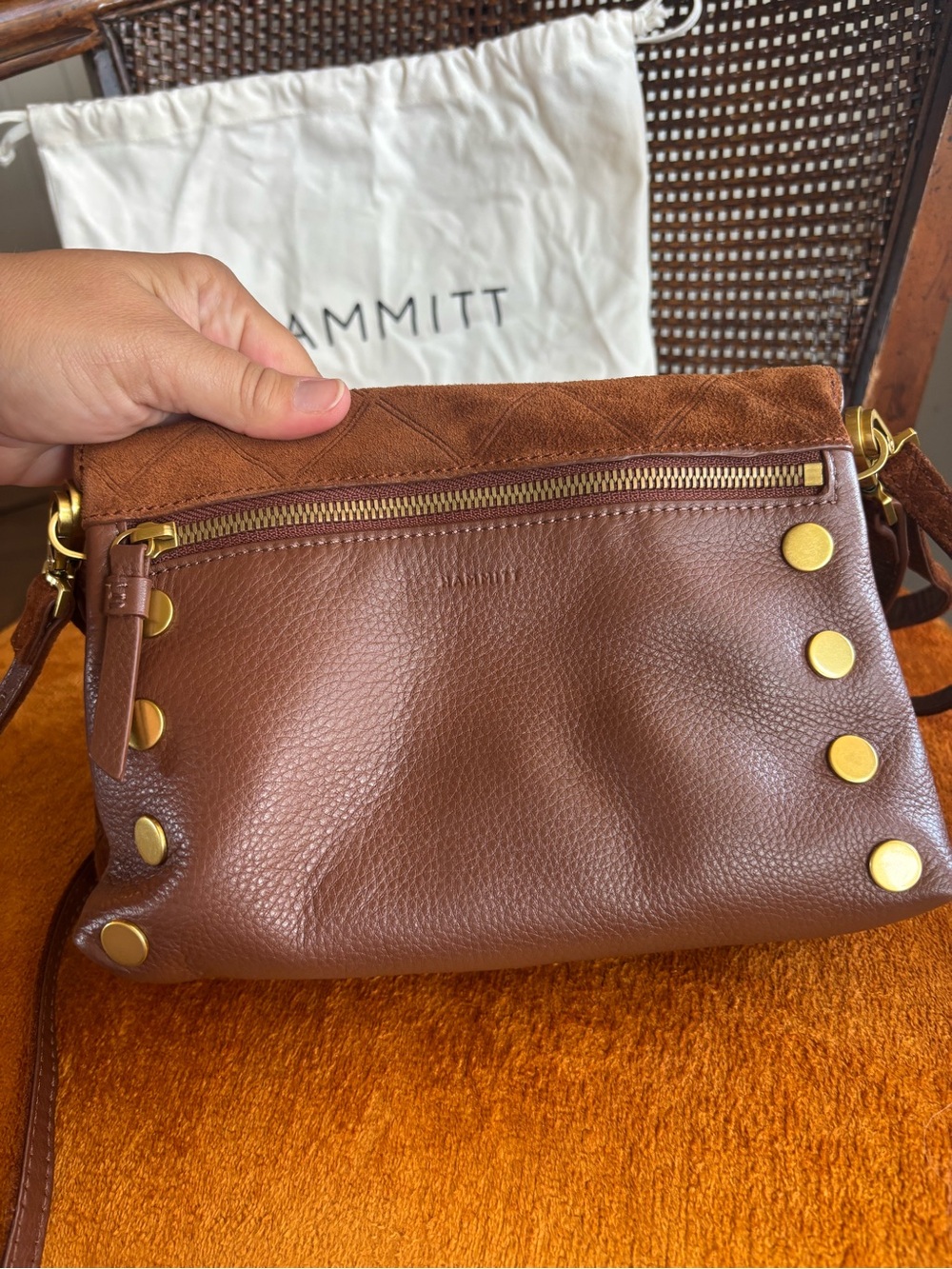 Hammitt Dillon Small Chocolate Diamond Suede Foldover Crossbody Antique Brass - Picture 3 of 9